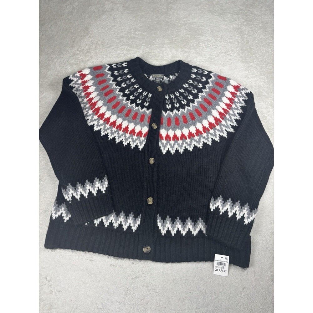 Style & Co Womens XL Fair Isle Cardigan sweater black Red Nordic Button FrontNWT